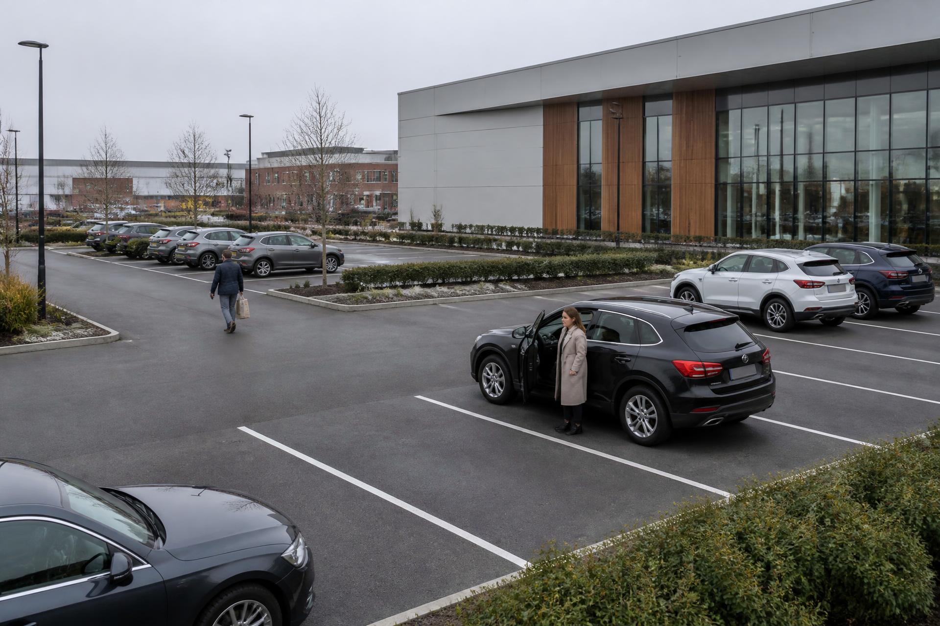 Kundenparkplatz an einem Gewerbeobjekt, Besucher gehen zu ihren Fahrzeugen